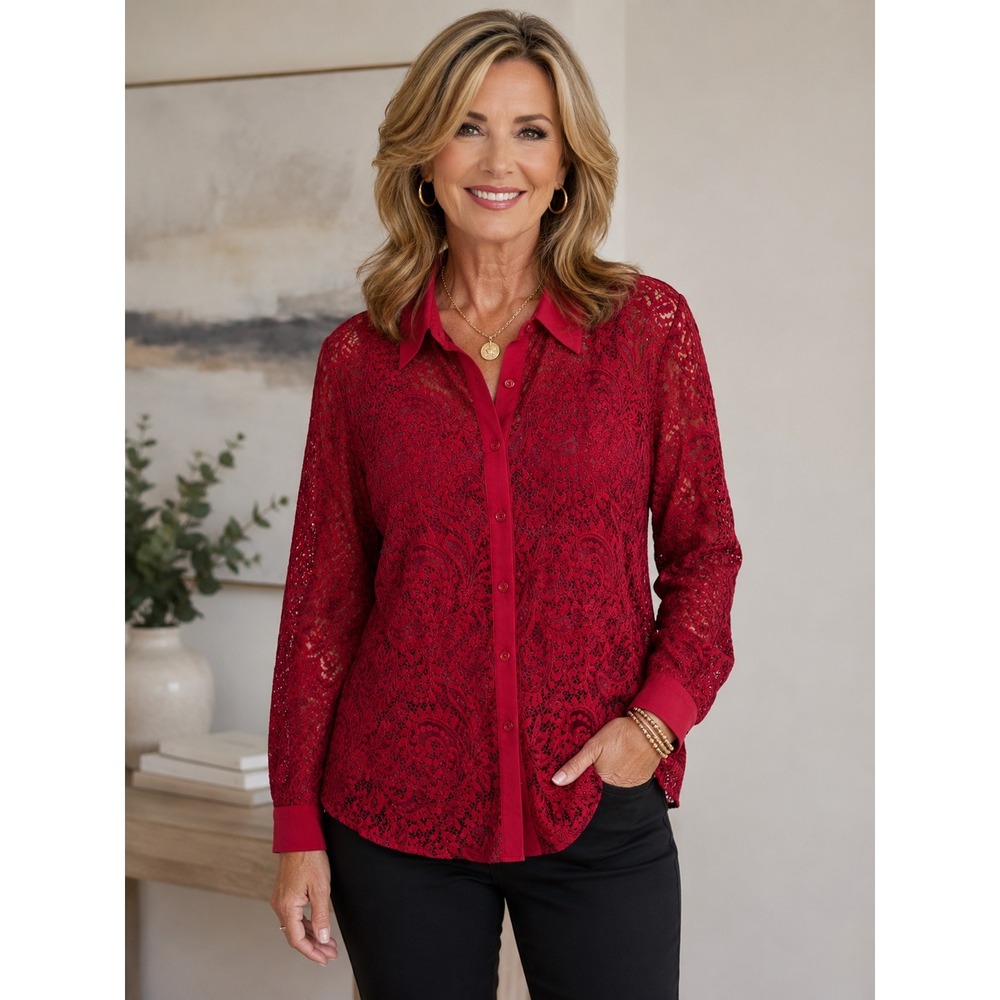 Chicos Lace Shirttail Button Down Razzle Red Sheer Holiday NEW Womens 4 US XXL‎